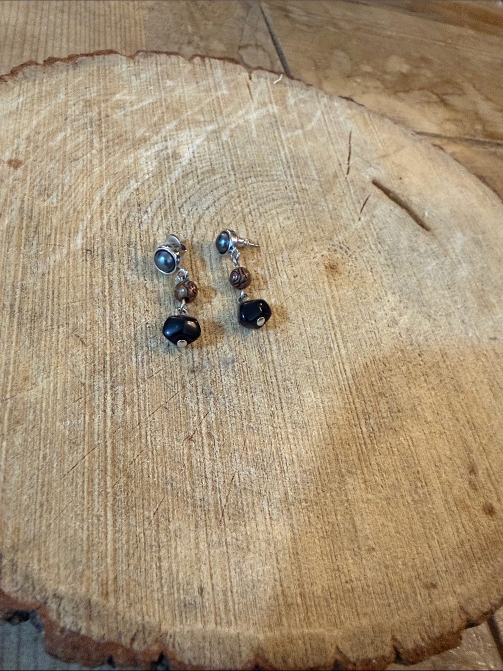 Silver Drop Earrings with Black Beads